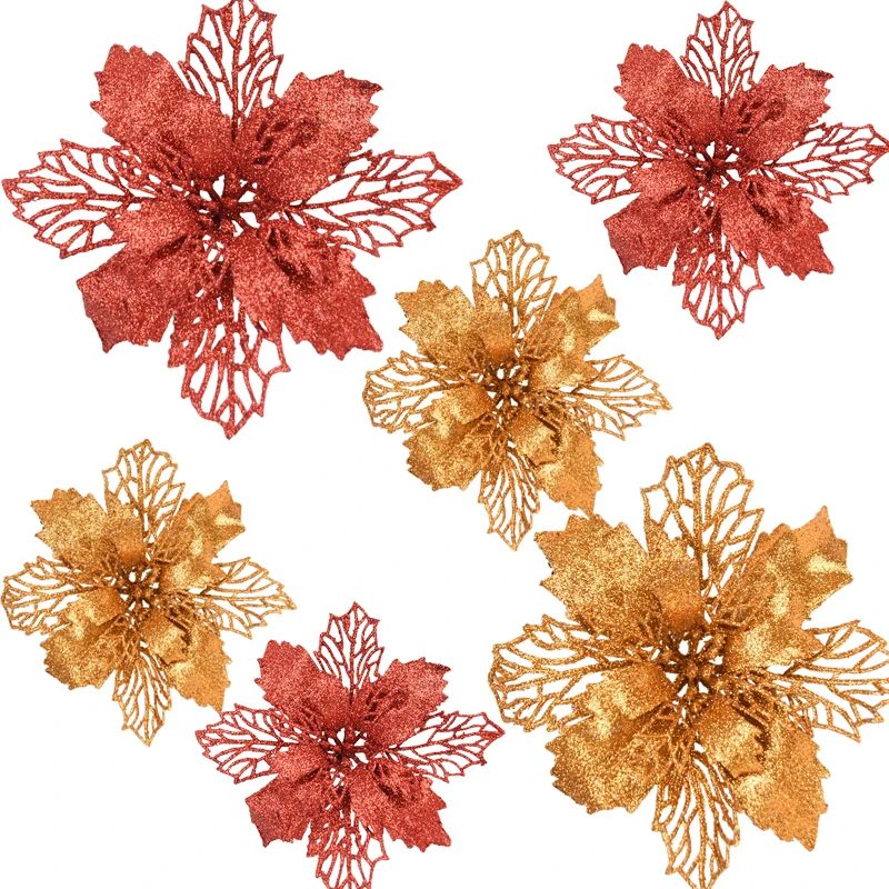 Artificial Glitter Flower Cabeça para árvore de Natal, ornamento flor, decoração de casa, DIY grinalda suprimentos, ano novo, 9-16cm, 5pcs