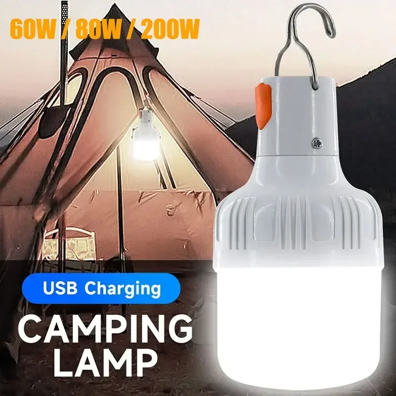 200W 80W 60W High Power LED Camping Light Rechargeable Portable Lanterns Outdoor Emergency BBQ Tent Lighting Lamp Bulb with Hook