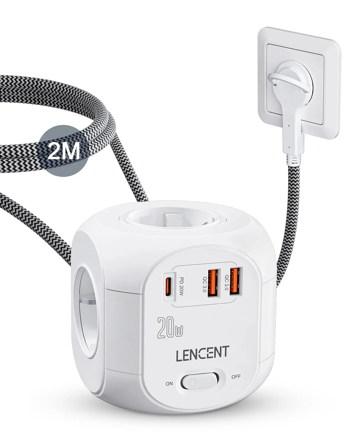 LENCENT – multiprise plate avec prise ue, Cube avec prises 4AC + 2 USB QC3.0 + 1 Type C PD20W, charg