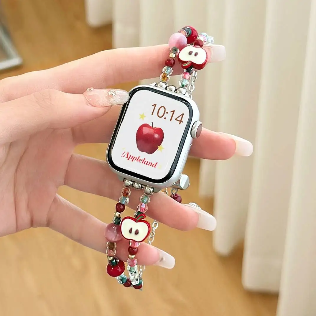 

Ремешок для iWatch с бусинами в виде красных яблок, совместимый с размерами 38 мм, 40 мм, 41 мм, 42 мм, 44 мм, 45 мм, 49 мм, модный ремешок