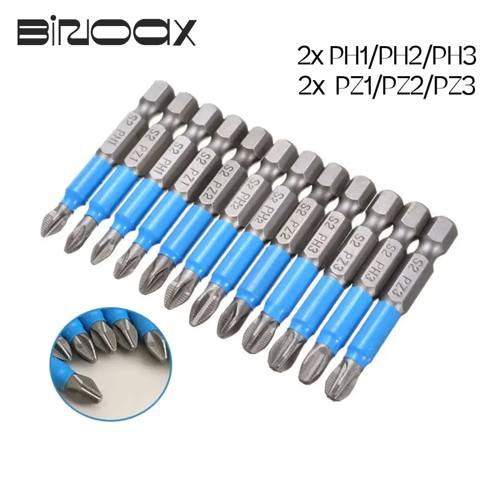 

Binoax 12Pcs Cross Magnetic Batch Head 50MM S2 PH/PZ Anti Slip Drill Screw Electric Screwdriver Set Bits