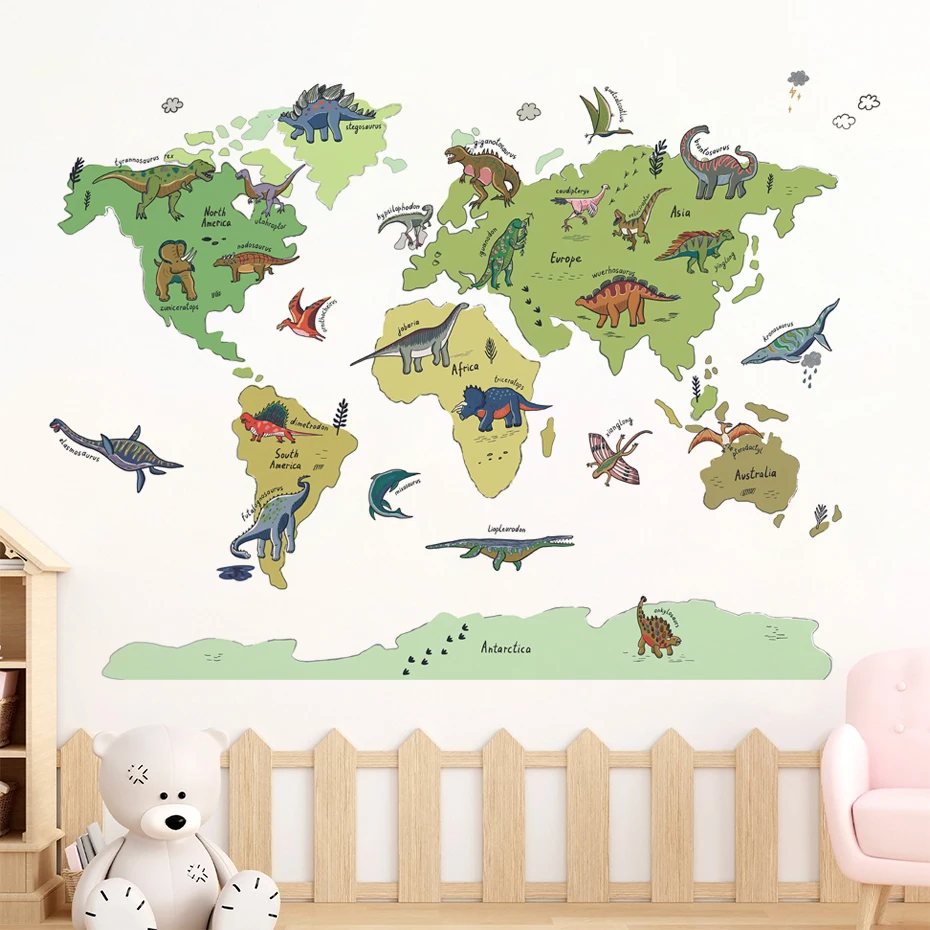 Watercolor Cartoon  Dinosaur Map Wall Sticker Nursery Play Room Vinyl Children's Wall Art Decals for Kids Room Home Decor