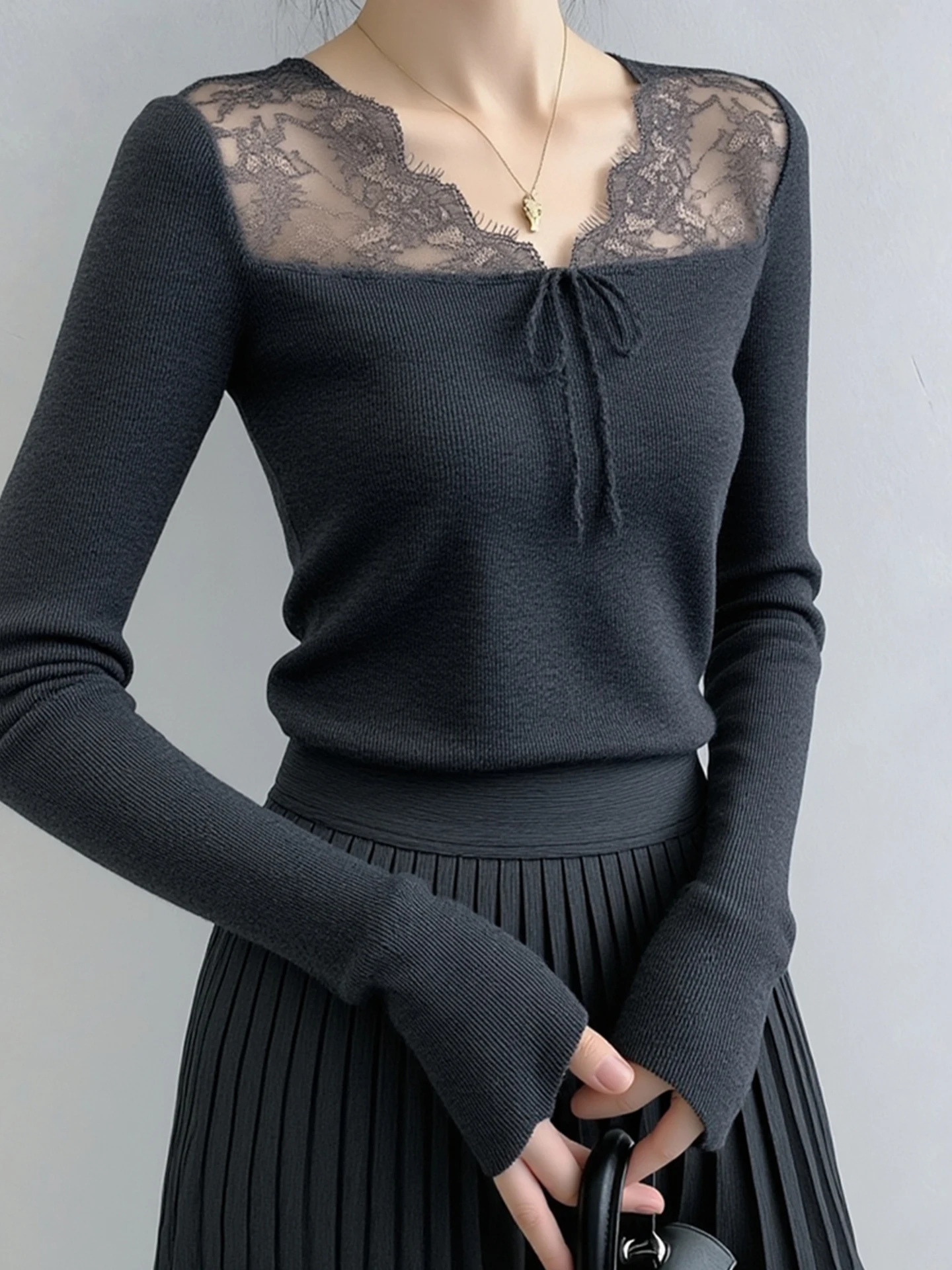 

Slim Fit Long Sve Knitted Lace Patchwork Simple Versatile Winter Top Korean Sle Soft Comfortable Commute Faion Women's...