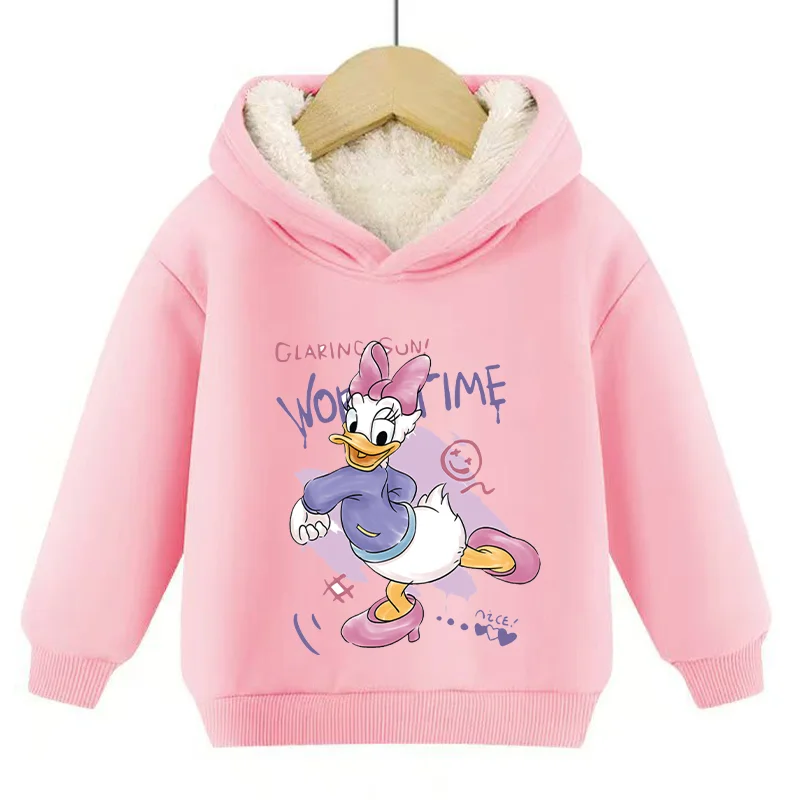 Kawaii Mickey Minnie Child Hoodie Sweatshirt Disney Anime Winter Kids Thick Clothes Donald Duck Daisy Pink Winter Warm Coat Top