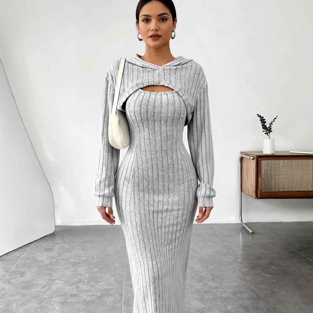 カジュアルな秋のスーツスカートセット、フード付き、ファッショナブルな女性のアンサンブル、装飾なし、快適なカジュアルな秋の服装