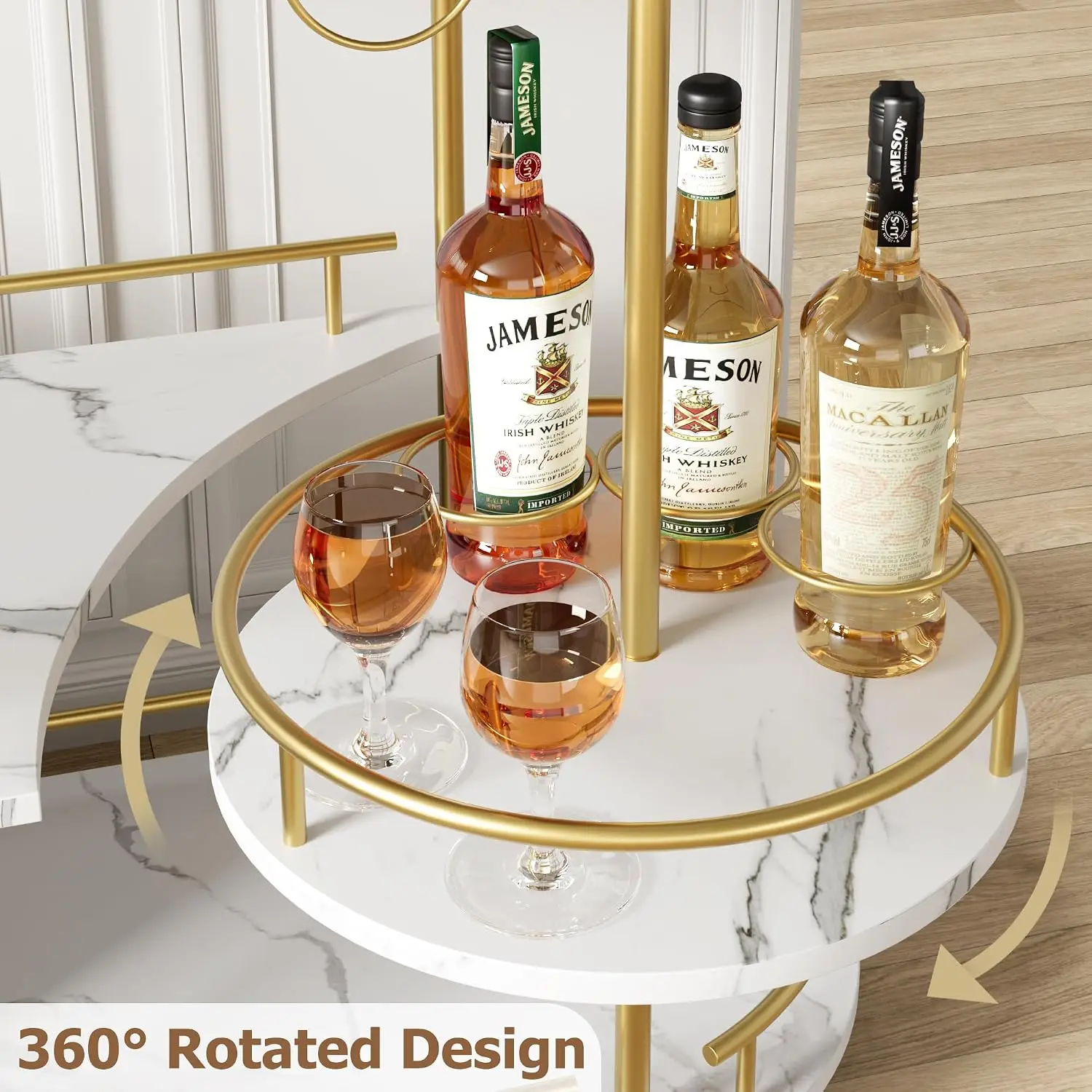 3-Tier Bar Cart on Wheels, Mobile Serving Cart with Wine Rack and Glass Holder, Metal Kitchen Utility Cart for Coffee Station