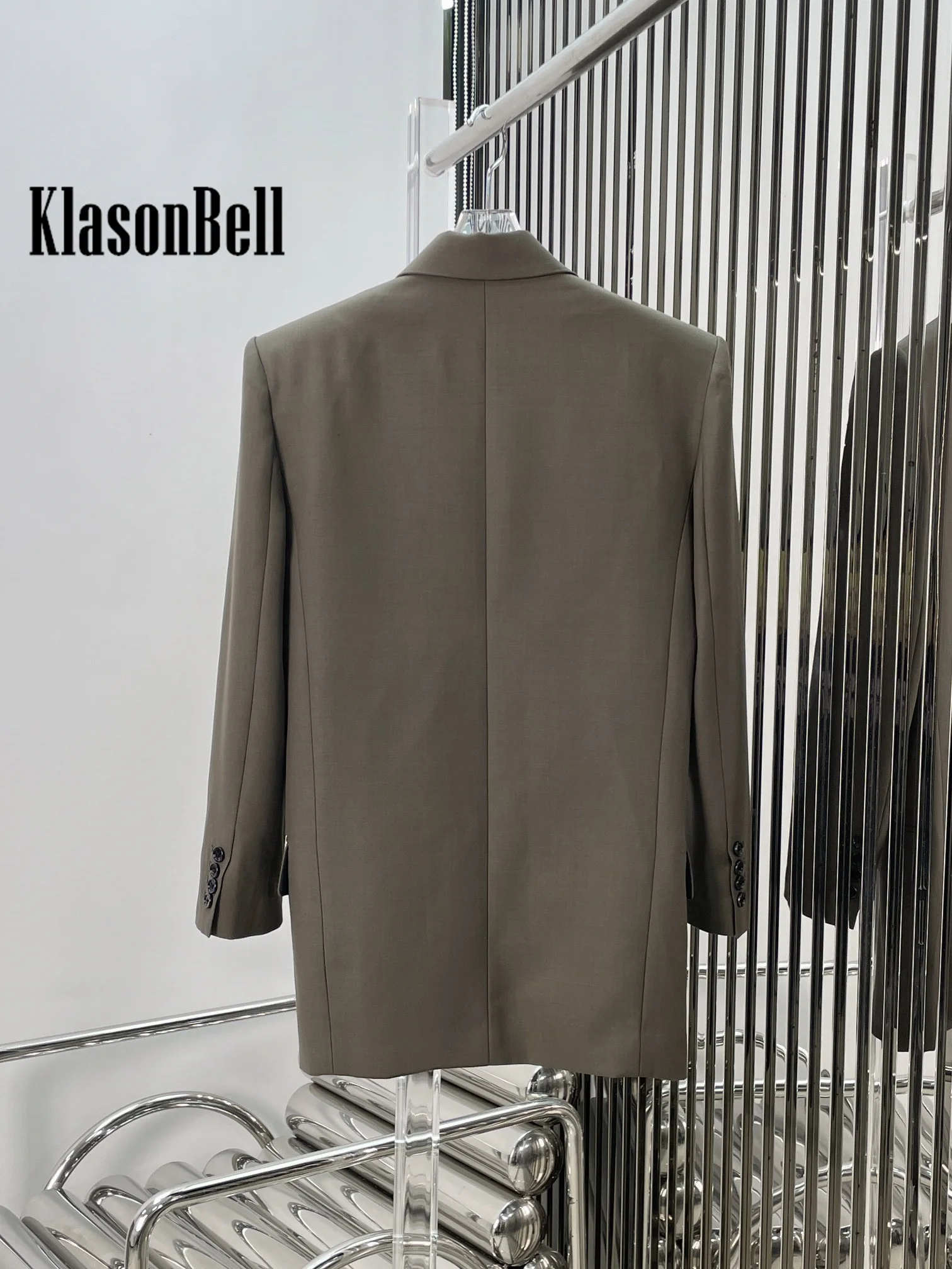 9.7 KlasonBell Women Clothes Wool Loose Blazer Classic Temperament Shoulder Pads Double Breasted Long Jacket 2024 Women New