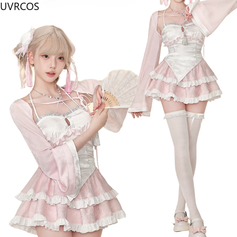 Pink Sweet Lolita Style Skirt Set Women Cute Short Cardigan Ruffles Chic Mini Cake Skirts Suits Female Korean Kawaii Y2k Outfit