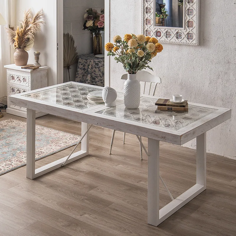 American retro hand-painted dining table, tempered glass office computer desk