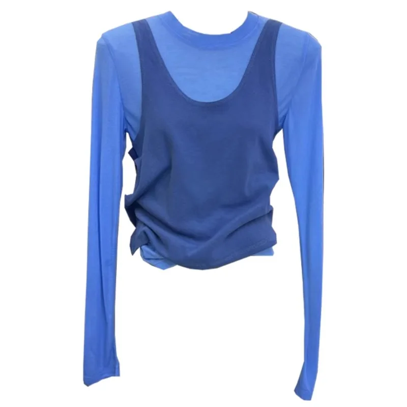 

2024 Autumn All Match Contrast Color Casual O Neck Chic Fashion T-shirts Women + Sleeveless Sexy Tankt Top Roupas Femininas