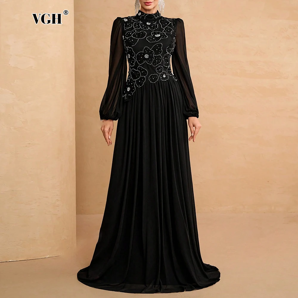 

Элегантные черные вечерние платья макси VGH с цветочным узором и бисером для женщин, с высоким воротом, прозрачными рукавами и струящейся юбкой, для свадеб на Ближнем Востоке
