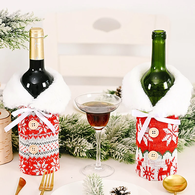 Christmas Wine Bottle Cover Knitted Plush Edge Champagne Bottle Cover Snowflake Xmas Tree Pattern Button Decor Party Table Decor