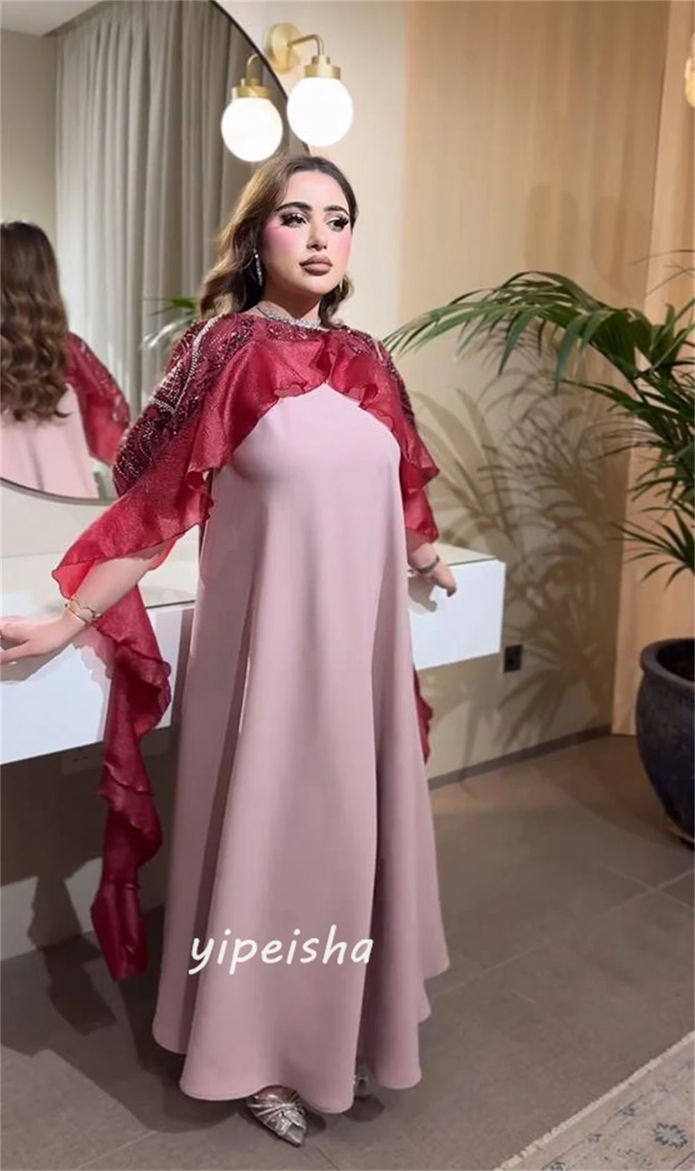 Gaun Prom Arab Saudi Satin manik-manik terbungkus Homecoming A-line O-Neck Bespoke gaun acara panjang sepergelangan kaki