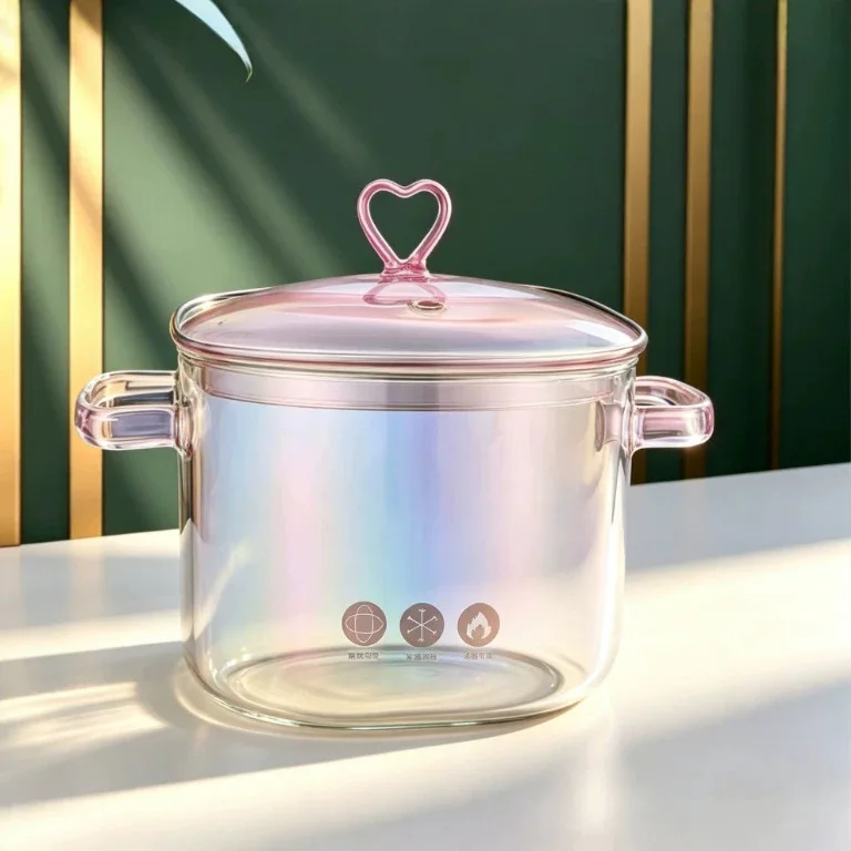 Heart Shape Pink Borosilicate Glass Soup Pot Large Capacity Stove Safe Stew with Lid Double Handle Durable for Home Cooking