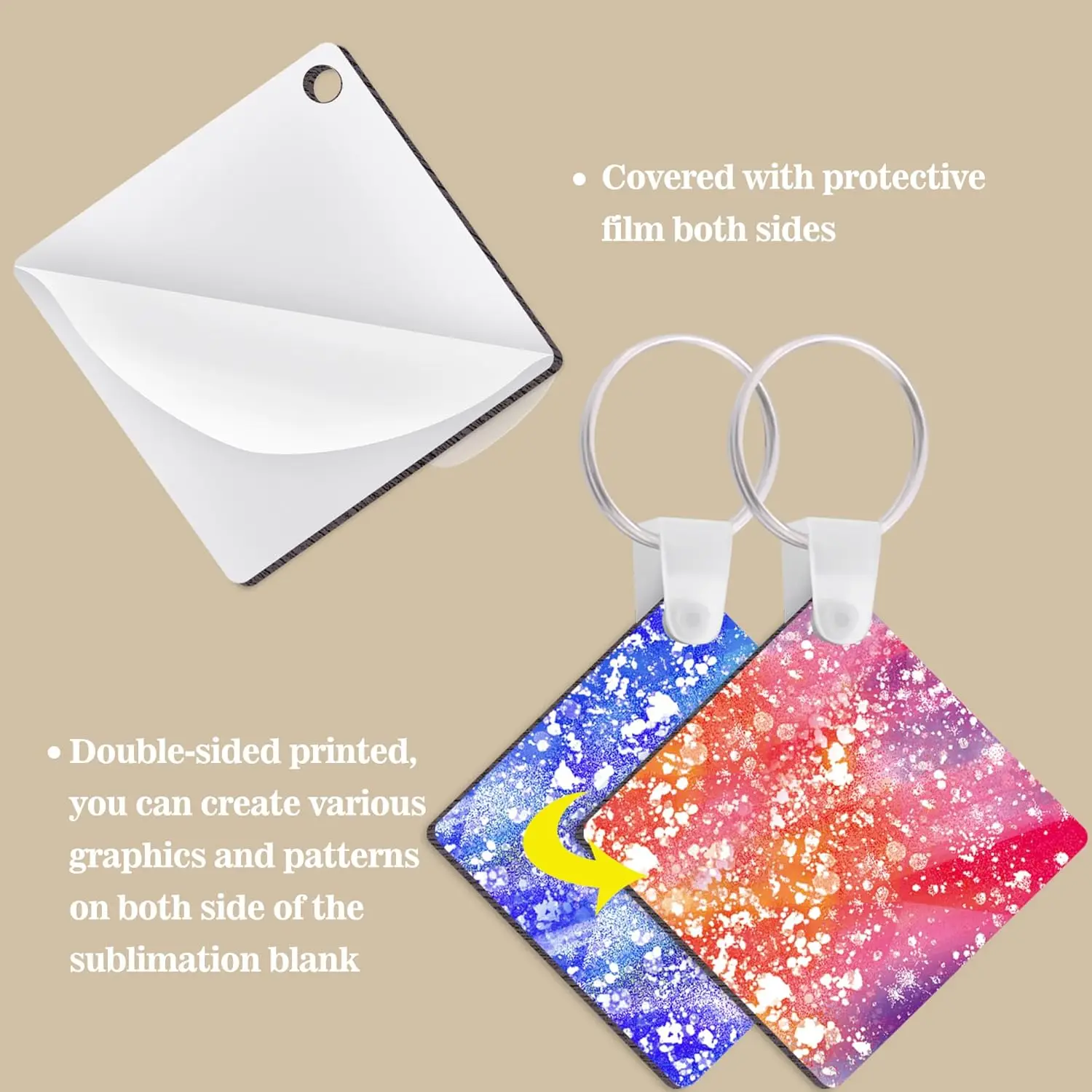 40pcsSublimation Keychain Blanks Double Side Heat Transfer MDF Board Rectangle/Round/Square Key Rings for DIY and Craft