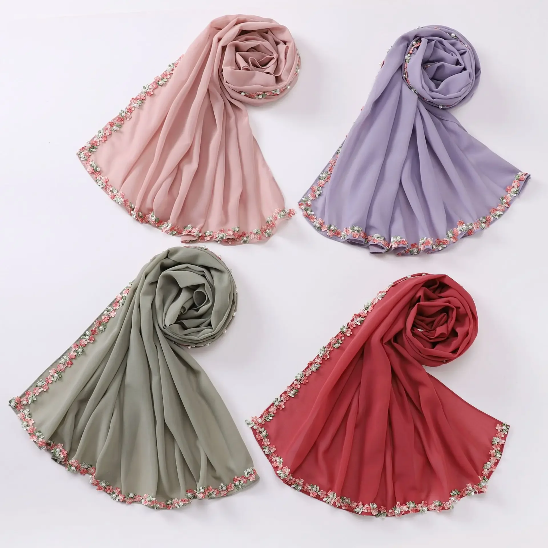 Pearl Chiffon Small Fragrant Wind Lace Bead Scarf Islamic Scarf Cute and Sweet Small Square Scarf 90*90cm