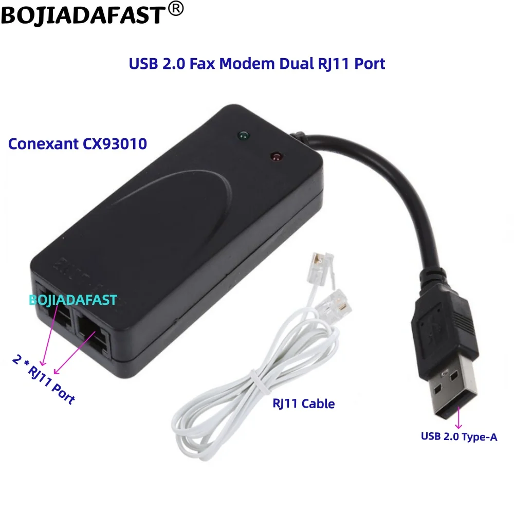 

External USB 2.0 Type-A Connector Fax Modem Dual 2 RJ11 Port Caller ID V.90/K56 Conexant 93010 Support WIN 11 10 7 XP