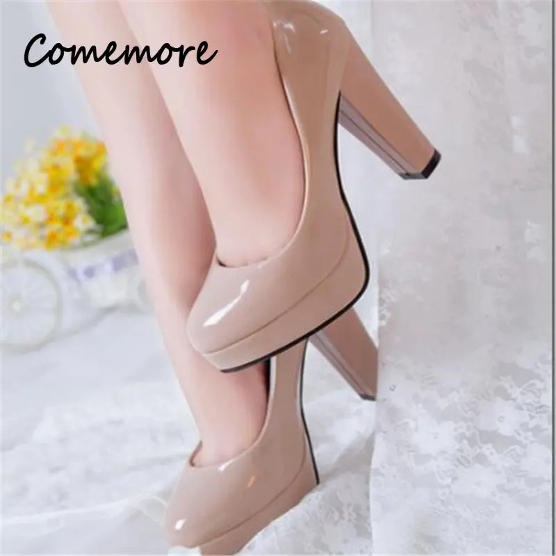 Comemore Women Pumps Shoes Woman PU Leather Shallow Slip-On Round Toe High Heels Wedding Party Derss Shoe Mujer Plus Size 41 42