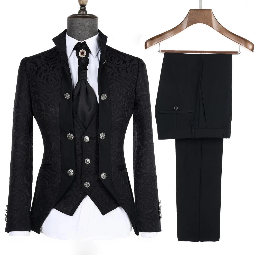 

2025 новые мужские костюмы для свадьбы, черная куртка с цветочным принтом пейсли, жилет и брюки, комплект для жениха, вечеринка
