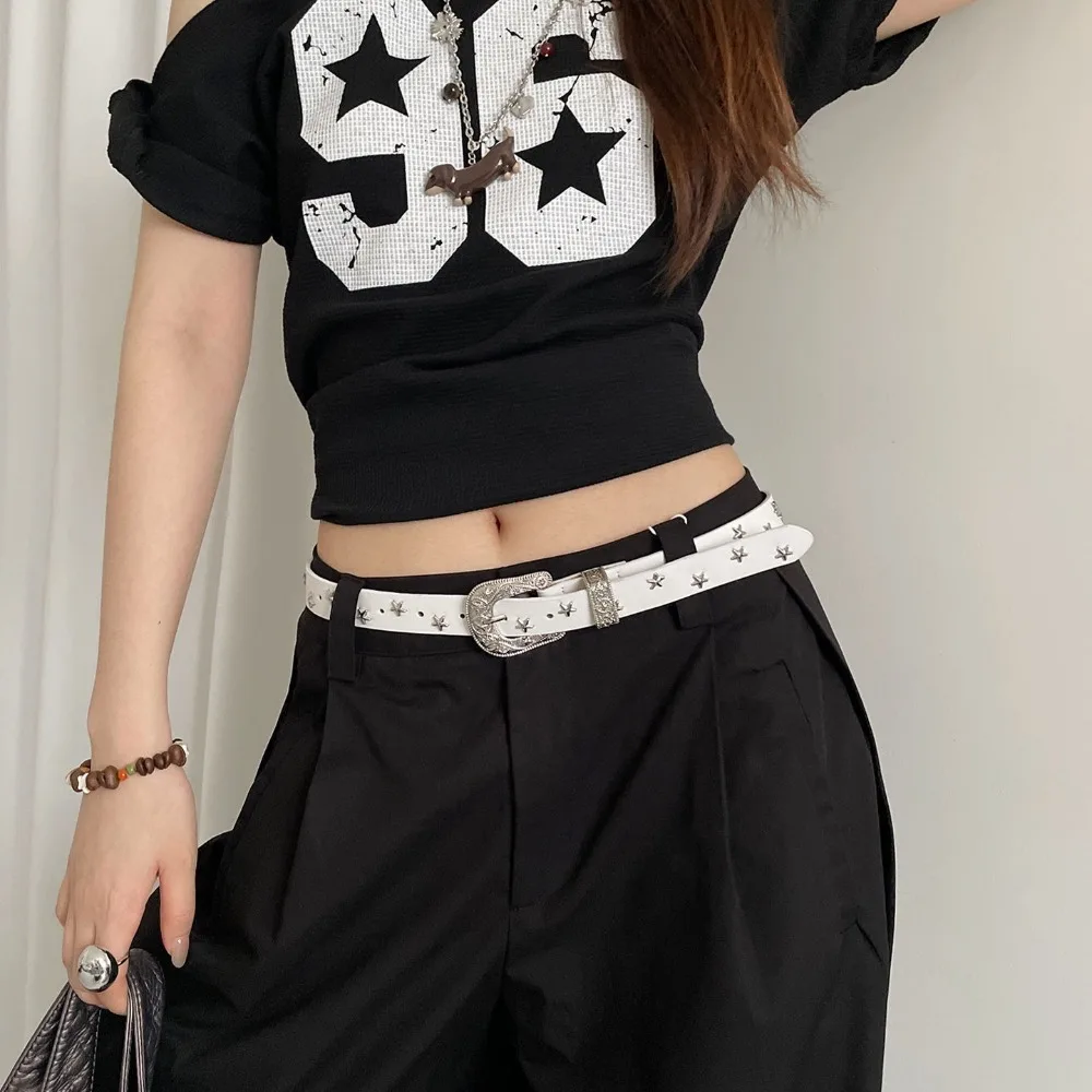

Punk Star Rivet Waist Belt Jeans Decor Trouser Decoration Y2K Wide Belt Punk Style American Style PU Leather Waistbands Ornament