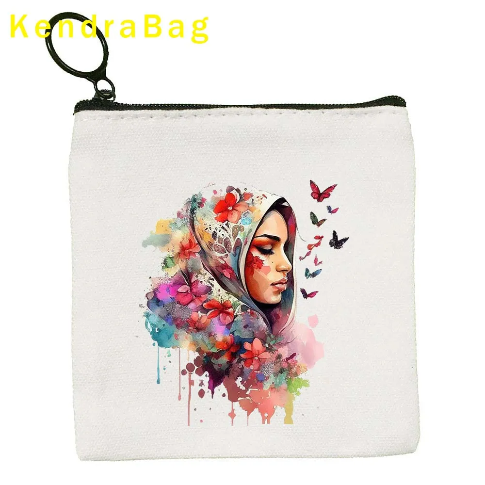 Watercolor Floral Muslim Hijab Women Muslim Islamic Islam Arabian Key Coin Purse Canvas Bag Pouch Cotton Bag Wallet Zipper Gifts