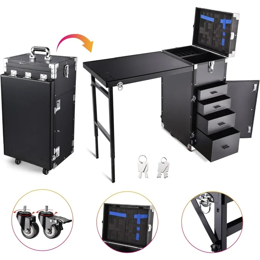 Rolling Manicure Table  Makeup Train Case with Desk Cosmetic Trolley Travel Storage Organizer with 4Drawers Foldable Nail Table