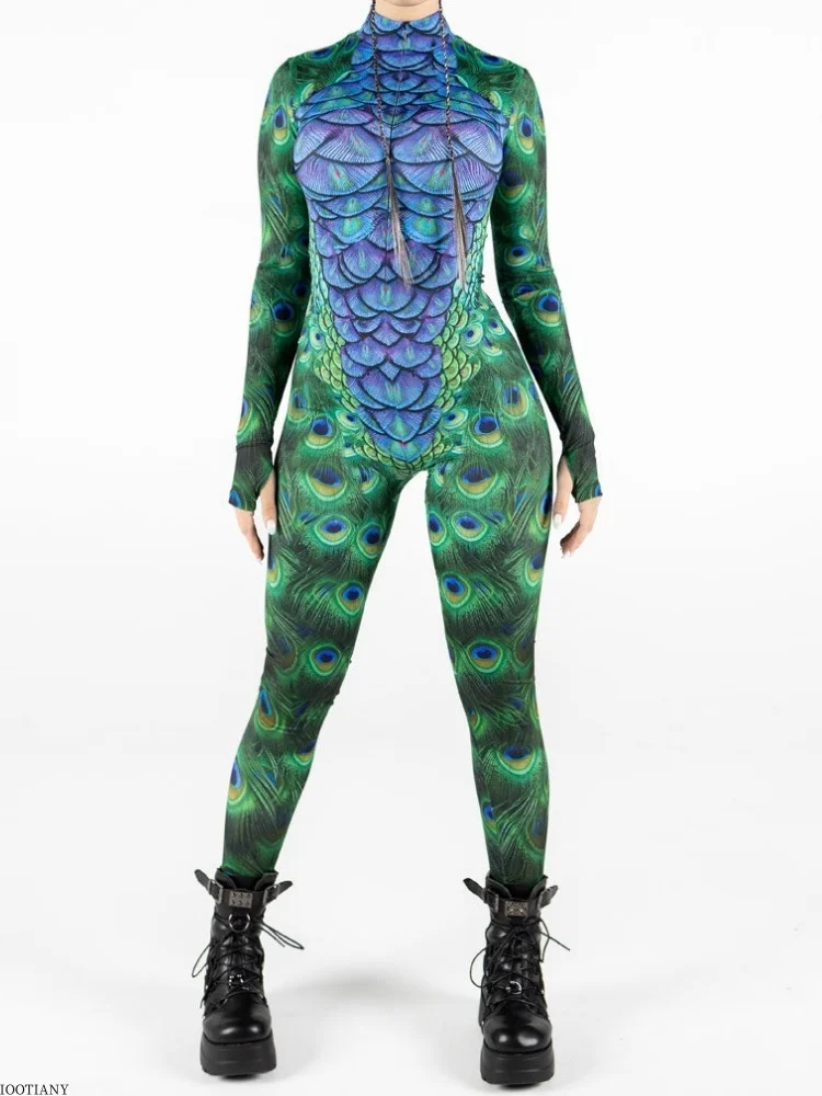 2025, neuer Halloween-Body für Damen, Cyberpunk, roter Pfau, Fischschuppen-Body, Party, Rollenspiel, Steampunk-Kostüm, Stretch-Body