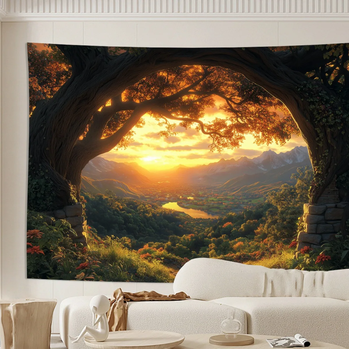 1pc Tree Archway Wall Tapestry - Large Tree Arch with Greenery & Golden Foliage Forest Scene, Hanging (No Feathers/Pins) for Wed