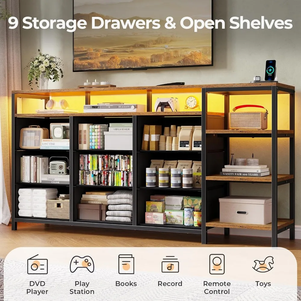 حامل تلفزيون 60 بوصة، خزانة ملابس مع قاعدة شحن، مركز ترفيه مكون من 9 أدراج بإضاءة LED، وحدة تحكم على الطراز الصناعي