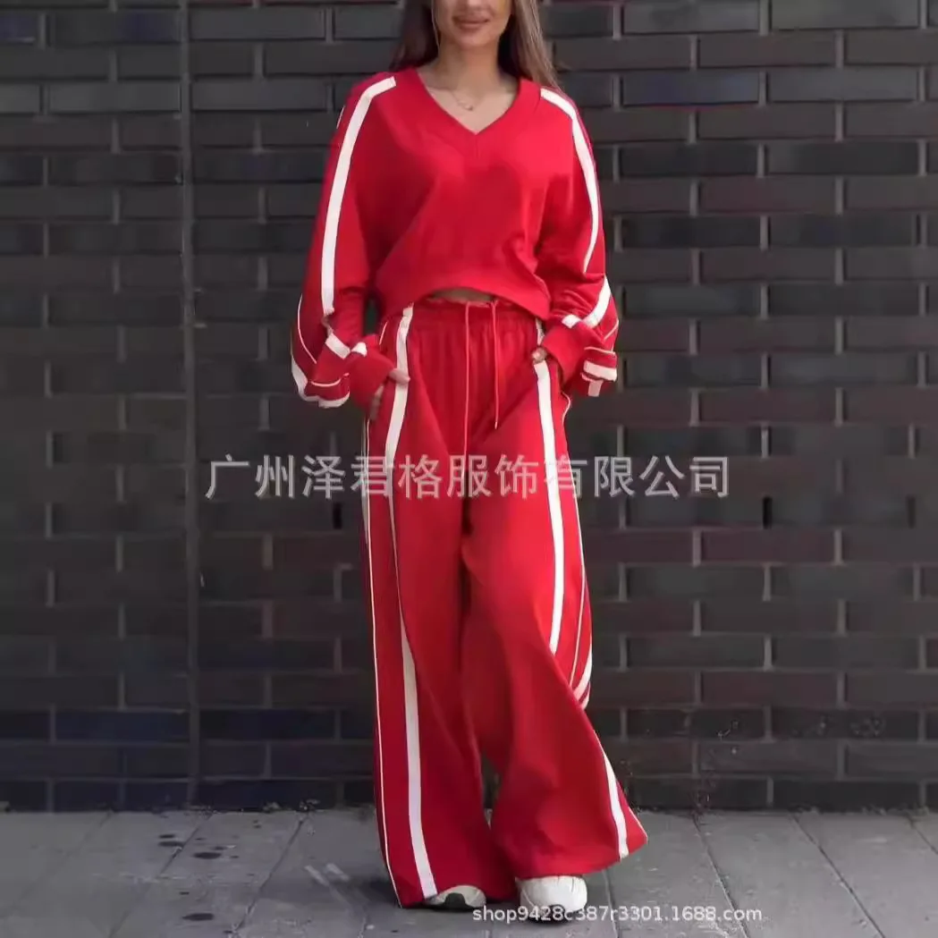 Casual Contrasting Color Suit Fashion V-neck Long Sleeved Short Style Pullover Top Elastic Waist Wide Leg Pants 2 Piece Set