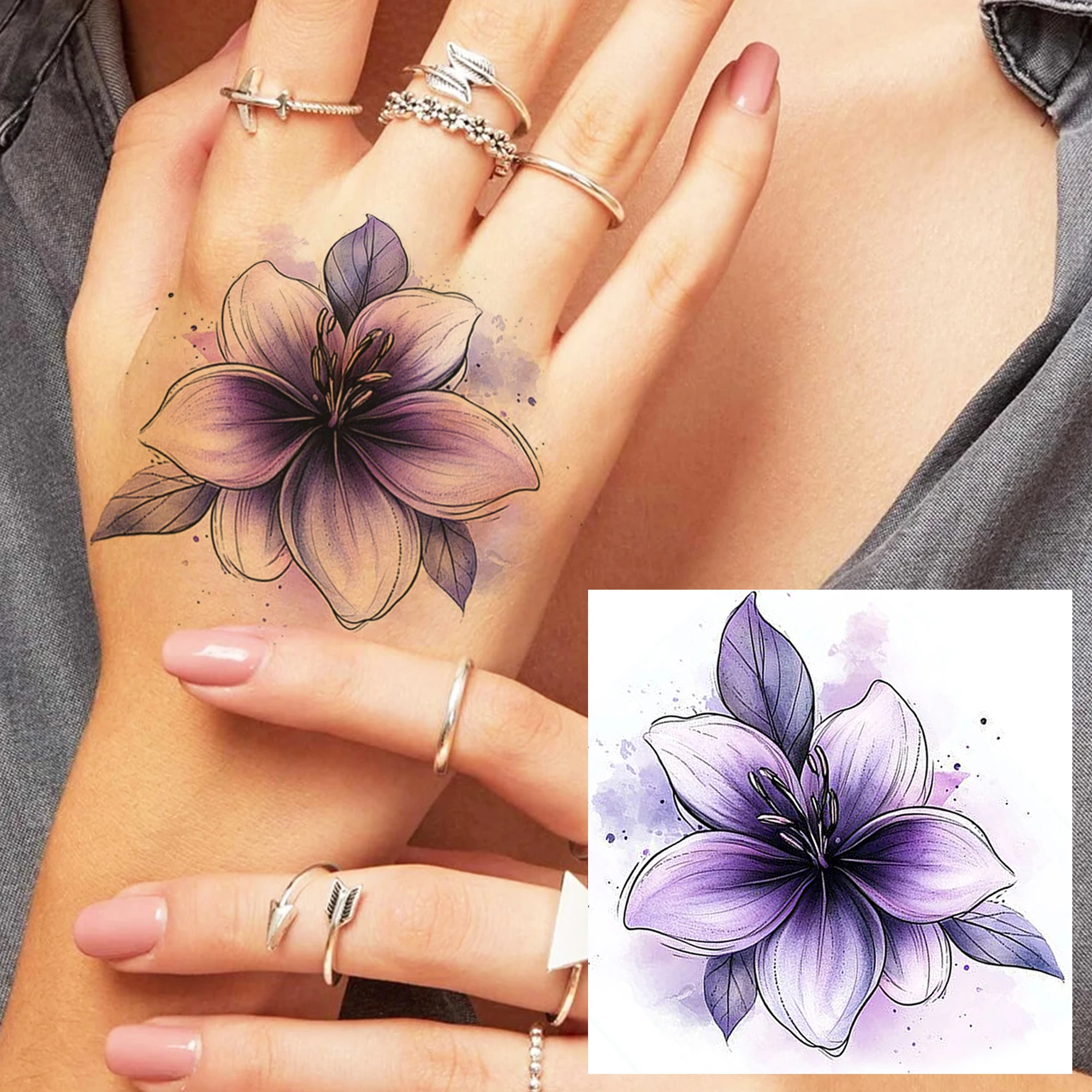 1 Sheet Rose Feather Flower Bird Temporary Tattoos Adult Hand Shoulder, Fake Tattoo Sticker Daily Use Last Long Realistic Tatoos - view 4