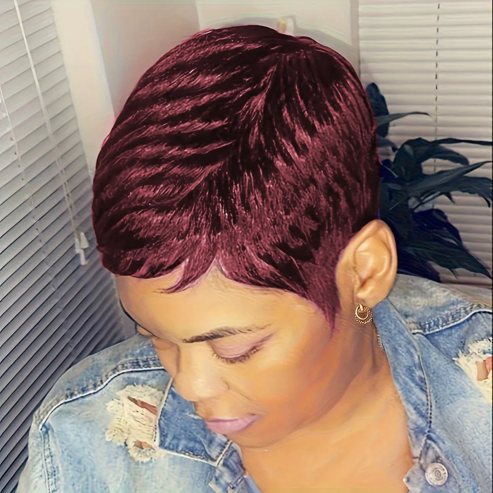 密度150% 4インチ ピクシーカット カールウェーブ 人毛ウィッグ 女性用 フルマシンメイドウィッグ デイリーユース＆パーティー用