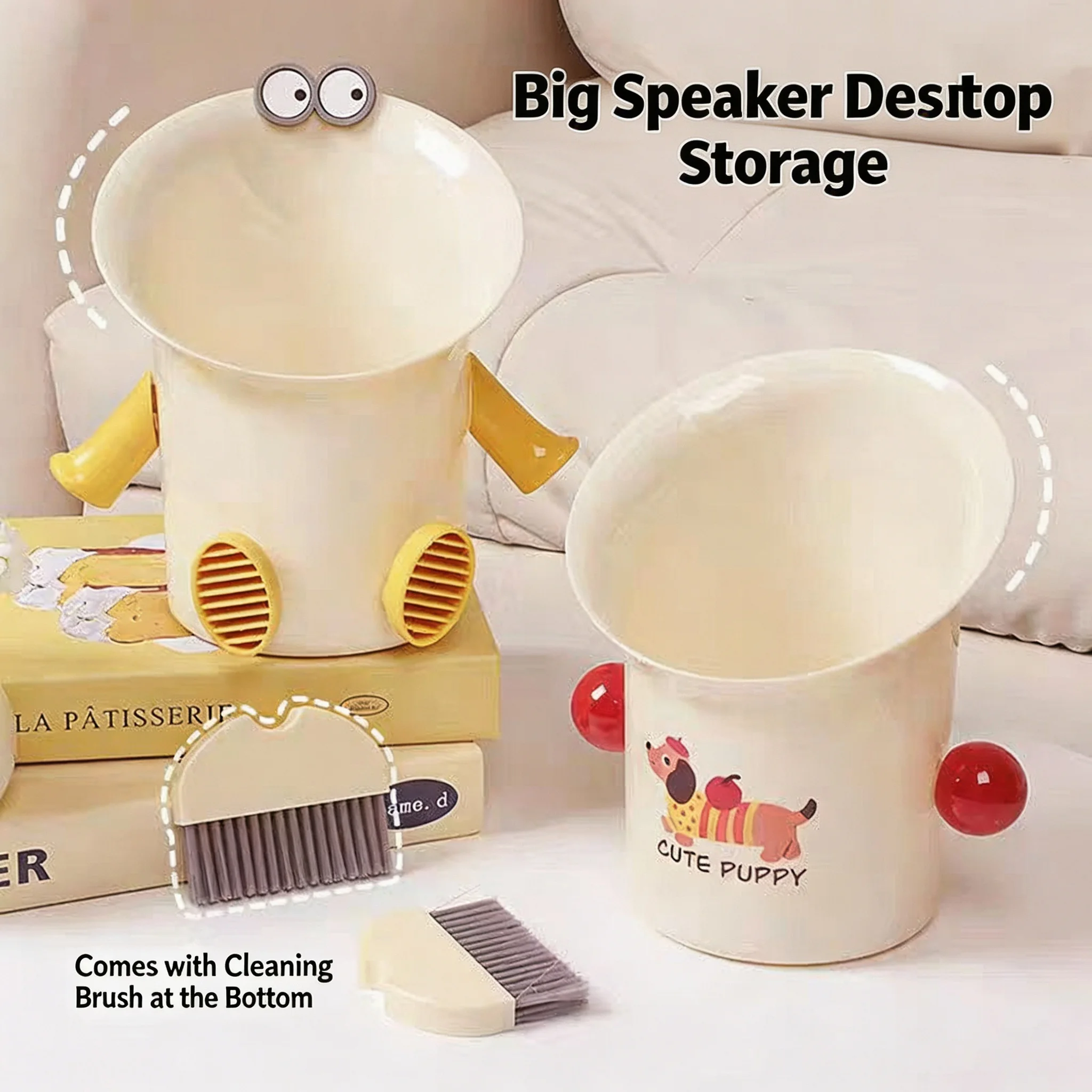 Cute Mini Desktop Trash Can with Cleaning Brush, Desk Organizer Storage Box, Pen Holder for Office Bedroom Study Table