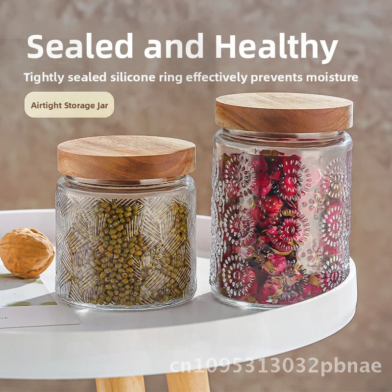 

Винтажная банка для хранения стеклянных бутылок с тиснением, деревянная крышка акации, влагостойкий резервуар для хранения конфет из сухофруктов, минималистичный современный