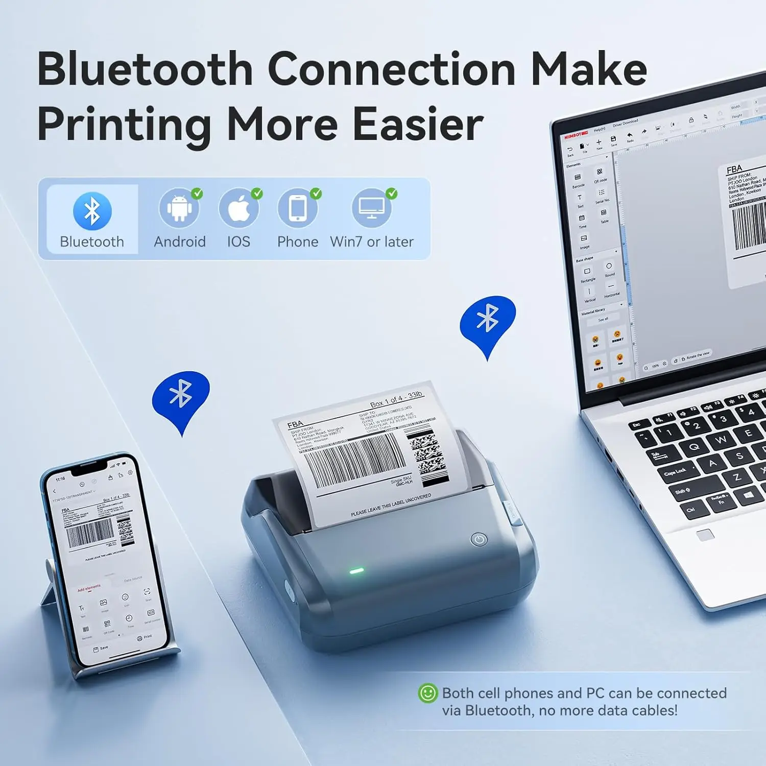 4-дюймовый термопринтер этикеток Bluetooth, портативный прибор для изготовления этикеток размером 2 x 1,18 дюйма для доставки, дома и офиса