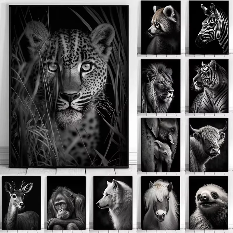 أبيض وأسود الحيوانات البرية المشارك ليوبارد الأسد النمر طباعة قماش جدار الفن اللوحة الحديثة صورة للمنزل ديكور غرفة نوم #1