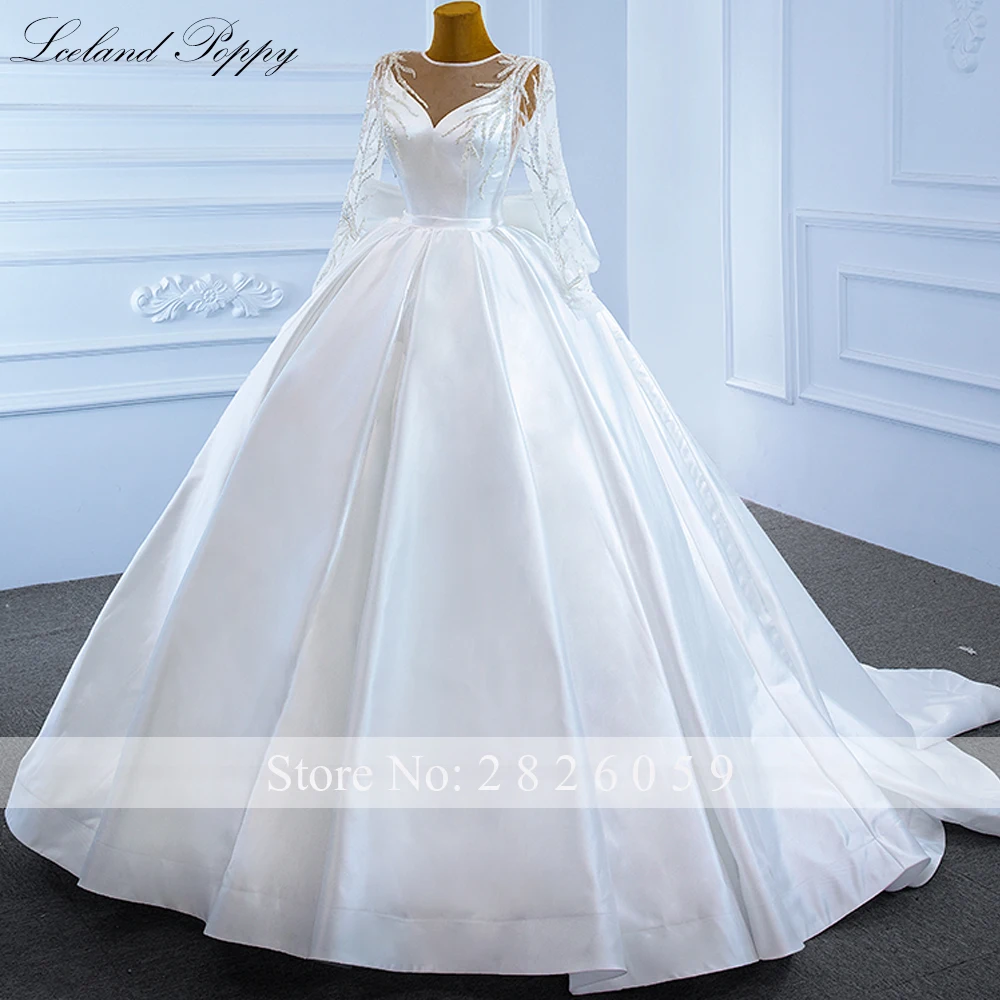 Lceland Poppy Customized Ball Gown Satin Wedding Dresses Floor Length Beaded Lace Bridal Gowns with Bow Knot