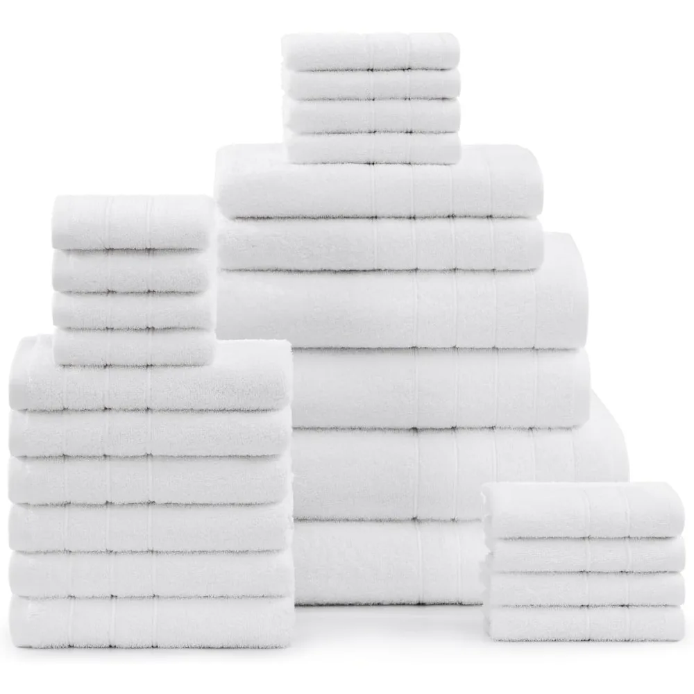 

24 Piece White Bathroom Towels Set - - 100% Mercerized Cotton - Soft & Absorbent