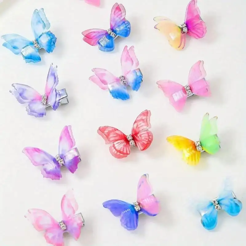 10 Stück bunte, doppellagige Organza-Schmetterlings-Haarspangen mit Strass, niedliche Prinzessinnen-Haaraccessoires – Detail 2
