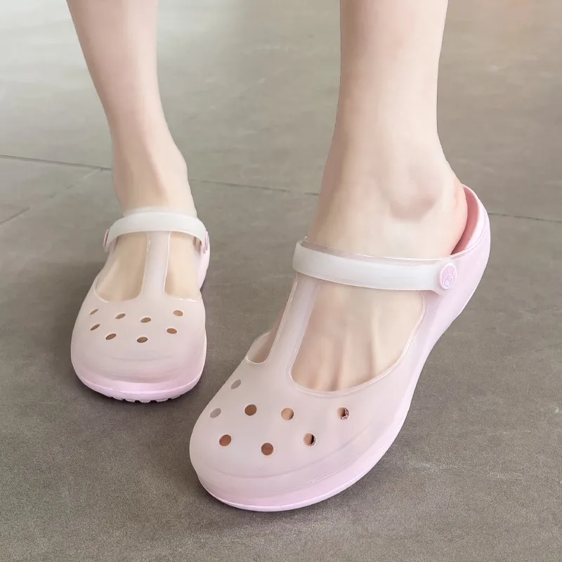 

Summer Jelly Mary Jane Slippers Women's New Style Covered Head Half Lazy Beach Shoes Outdoor Wear Comfortable Casual Sandals