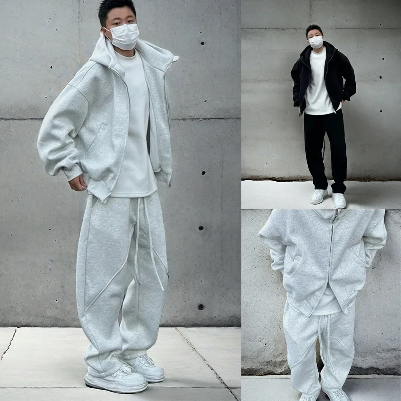 طقم سويت شيرت بقلنسوة سميك ومفتوح سميك أمريكي بسيط، طقم مكون من قطعتين مرن للربيع والخريف للرجال