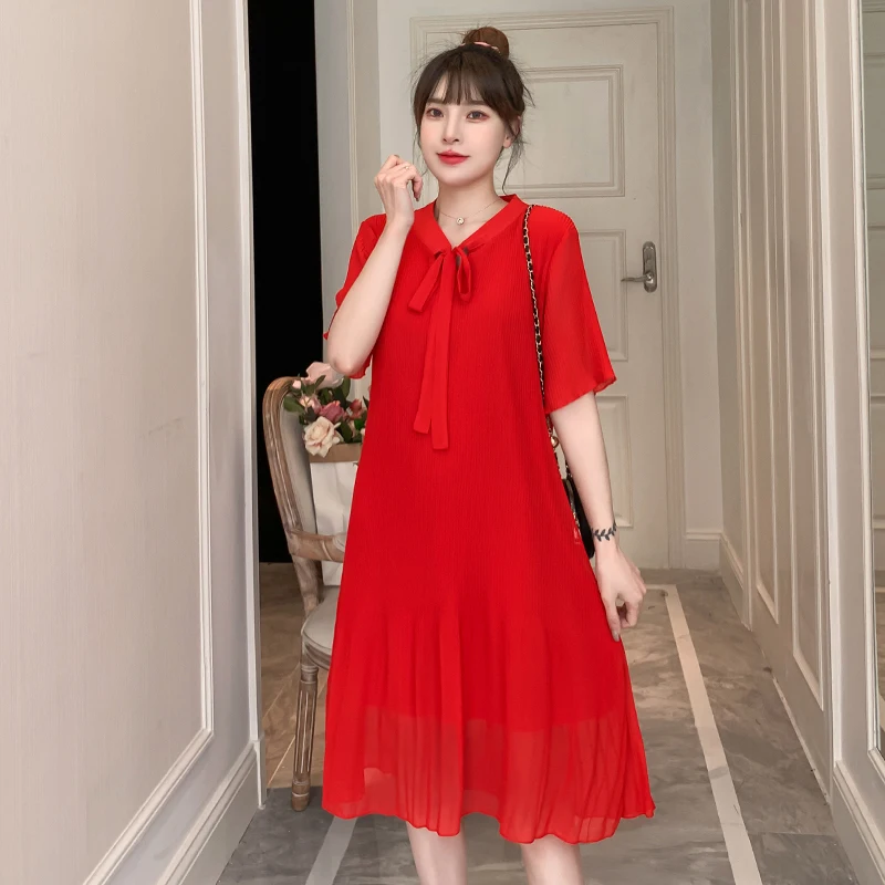 

2024 pregnant women summer fashion chiffon dress short sleeve bow collar maternity red wedding dress loose maternal party dress