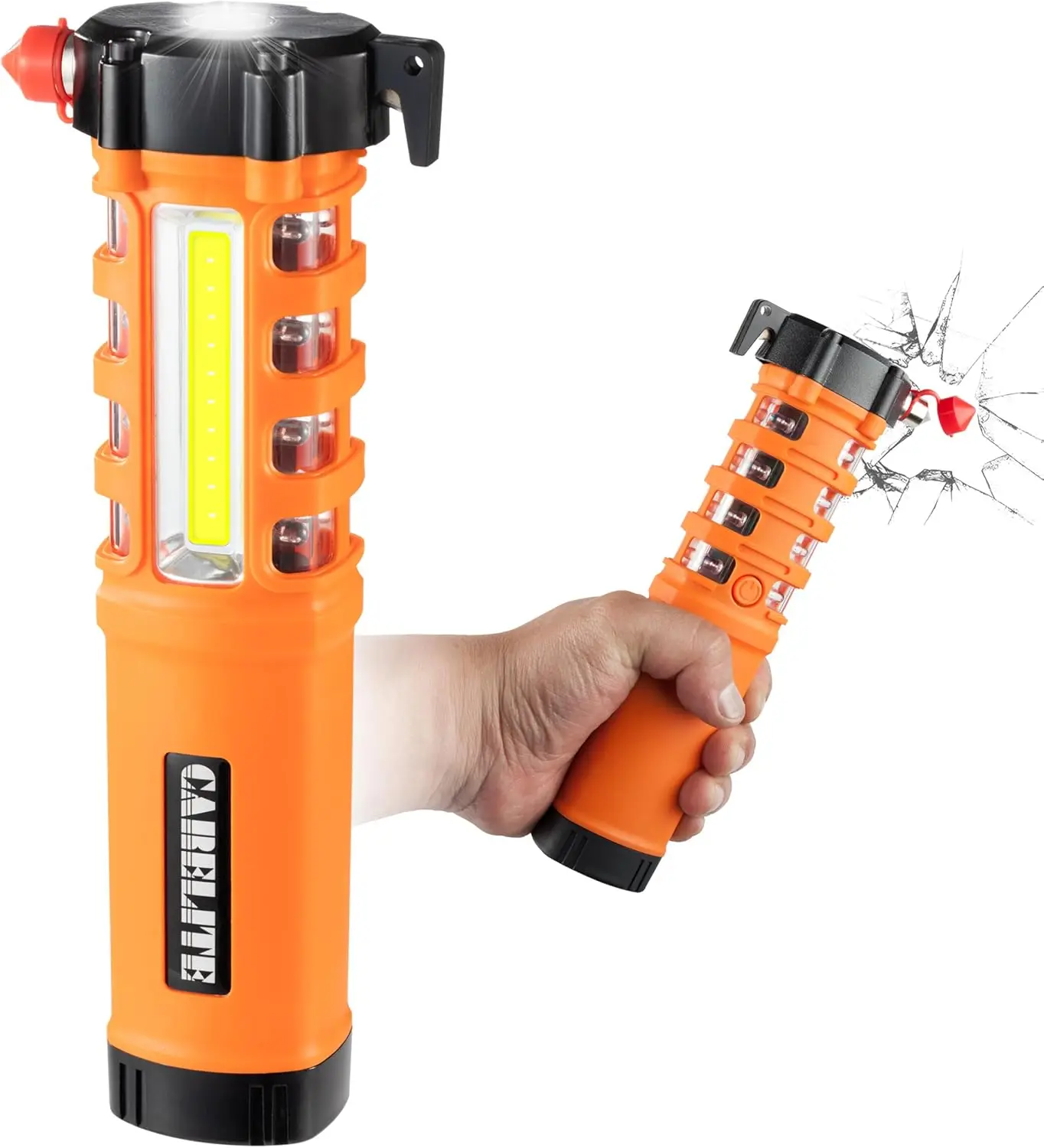 

Emergency Car Flashlight with Seatbelt Cutter, Window Breaker, LED Work Light & Flash Beacon for Roadside Safety (Orange)