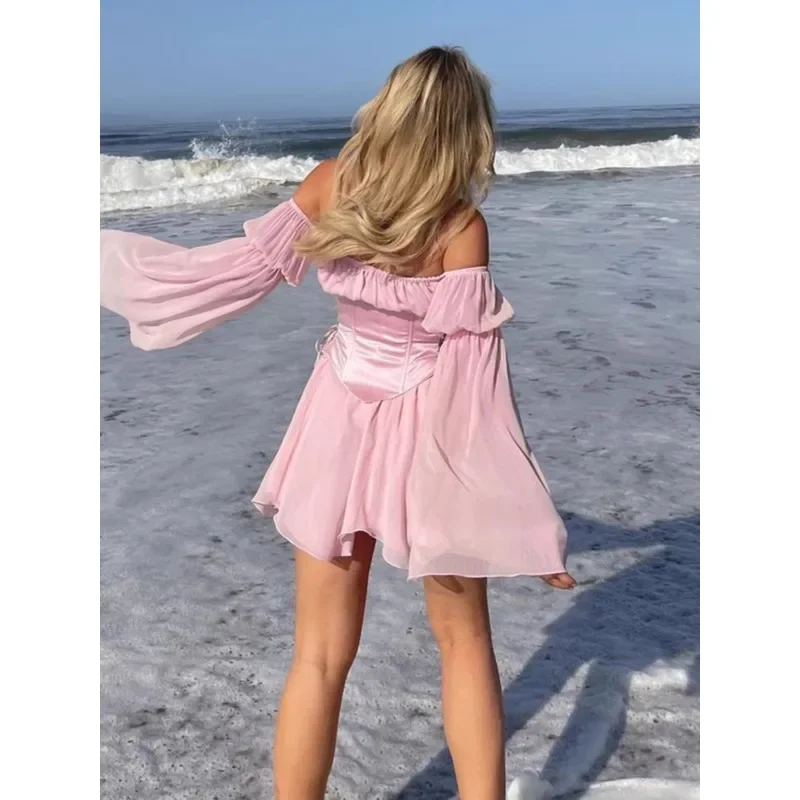 Hot Girl Summer Pink Dress with Waist Seal Female 2025 Spring European and American Sweet Sexy Long Lantern Sleeve Short Dresses