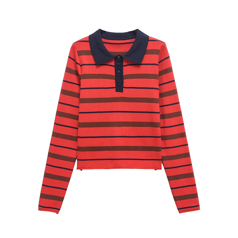 

2025 new women's retro striped polo shirt with European and American style collar, long sleeved simple knit sweater