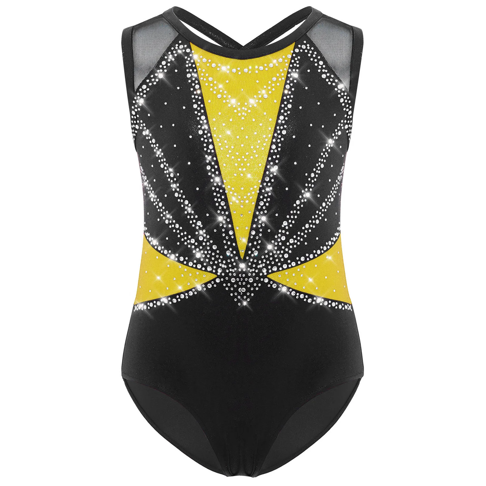 Kinderen meisjes ballet dans turnpakje gymnastiek prestatie kostuum mouwloos kriskras rug strass metallic schaatsen bodysuit