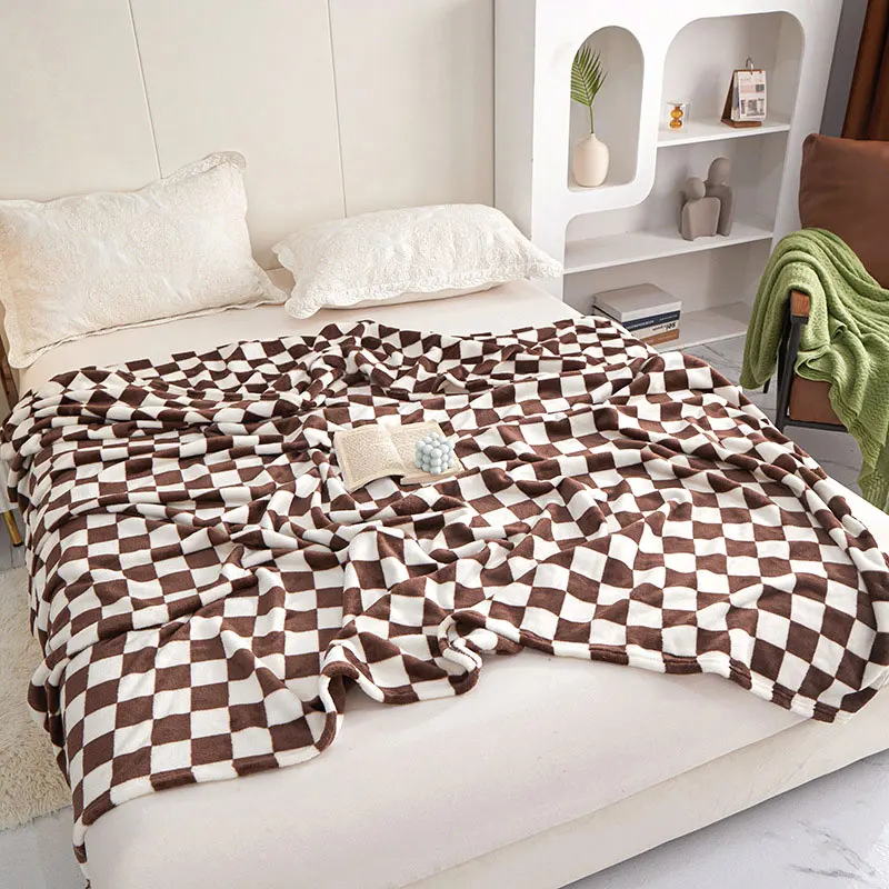 Checkerboard Sofa Blanket Double-layer Air Conditional Blanket Office Nap Shawl Spring Summer Flannel Throw Blanket Home Decor