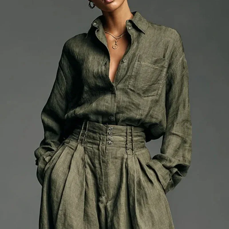 

Leisure Simple Long Sleeve Shirts & Pants Sets Vintage Solid Color Loose Commute Outfits Autumn Women New Pocket Pants Outfits