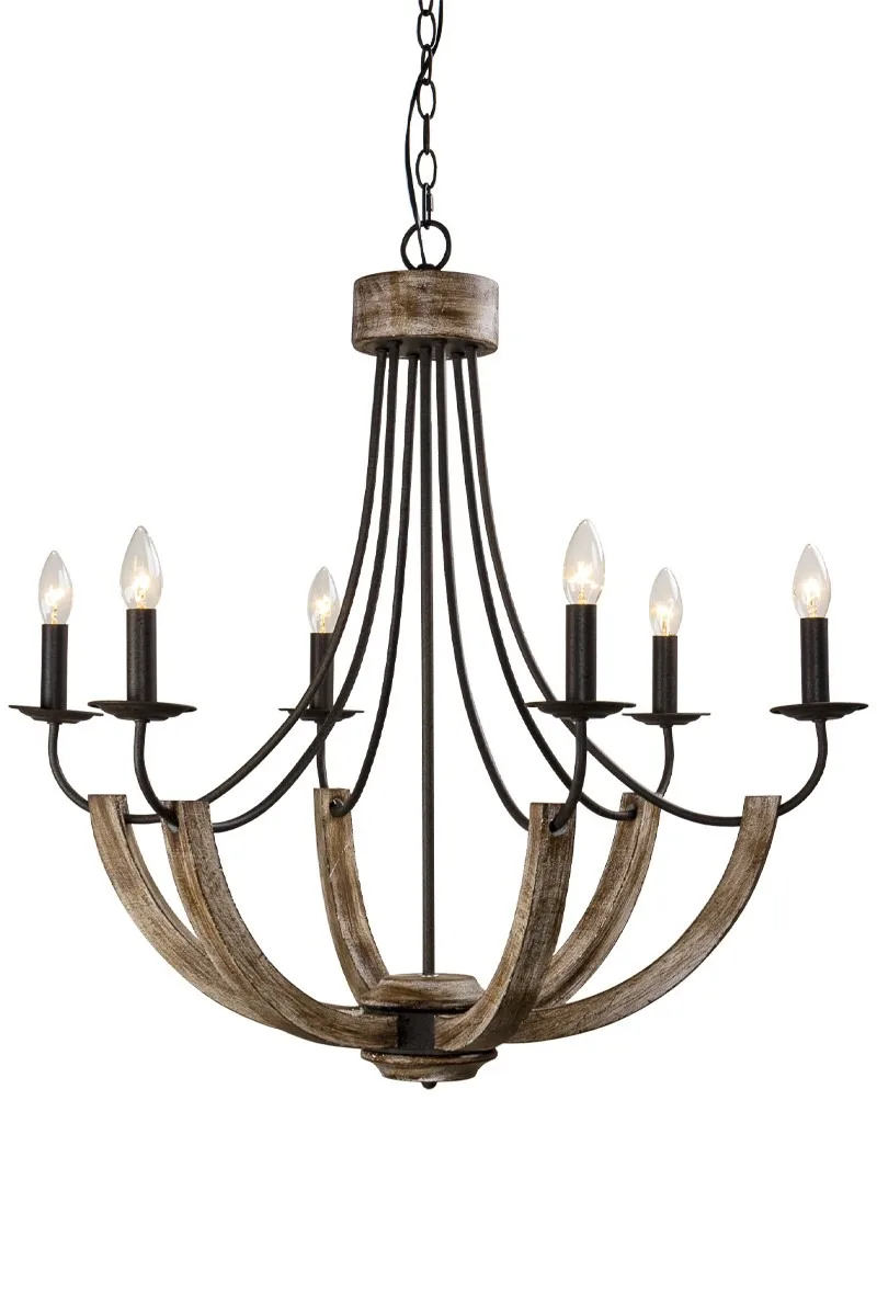 American country woodwork chandelier 6 lights, wood chip lamp living room dining room art lamp simple bedroom room lamp retro