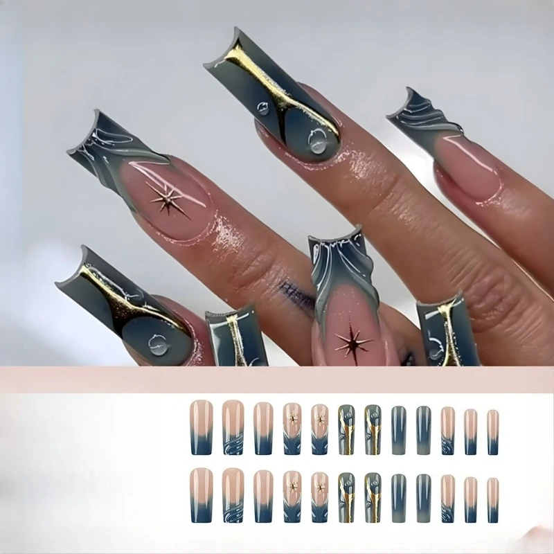 

European and American retro 3D wearable manicure gold foil pattern fake nail blue edge French style